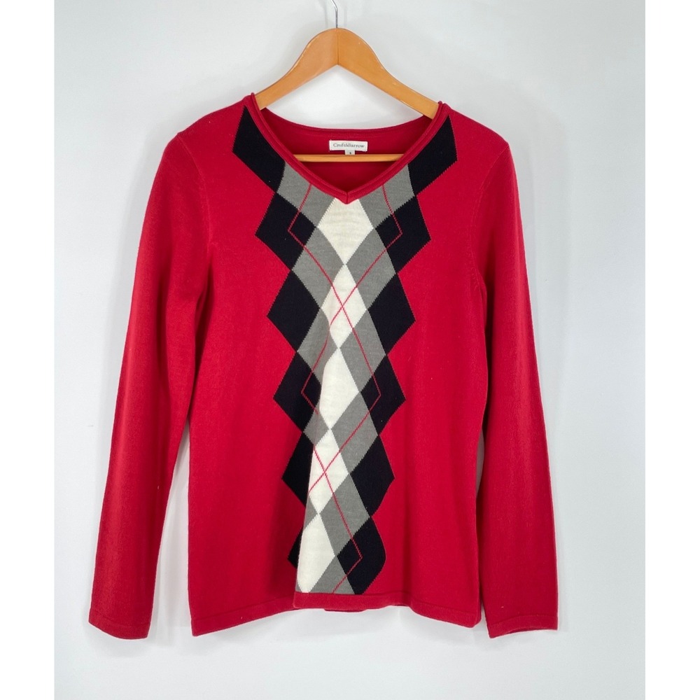 Croft&Barrow Womens Sweater‎ S V-Neck Red Argyle Long Sleeve Knit Academica
